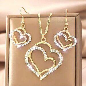 Gold Heart Pendant Necklace & Earrings Set With Rhinestone‎ Accents